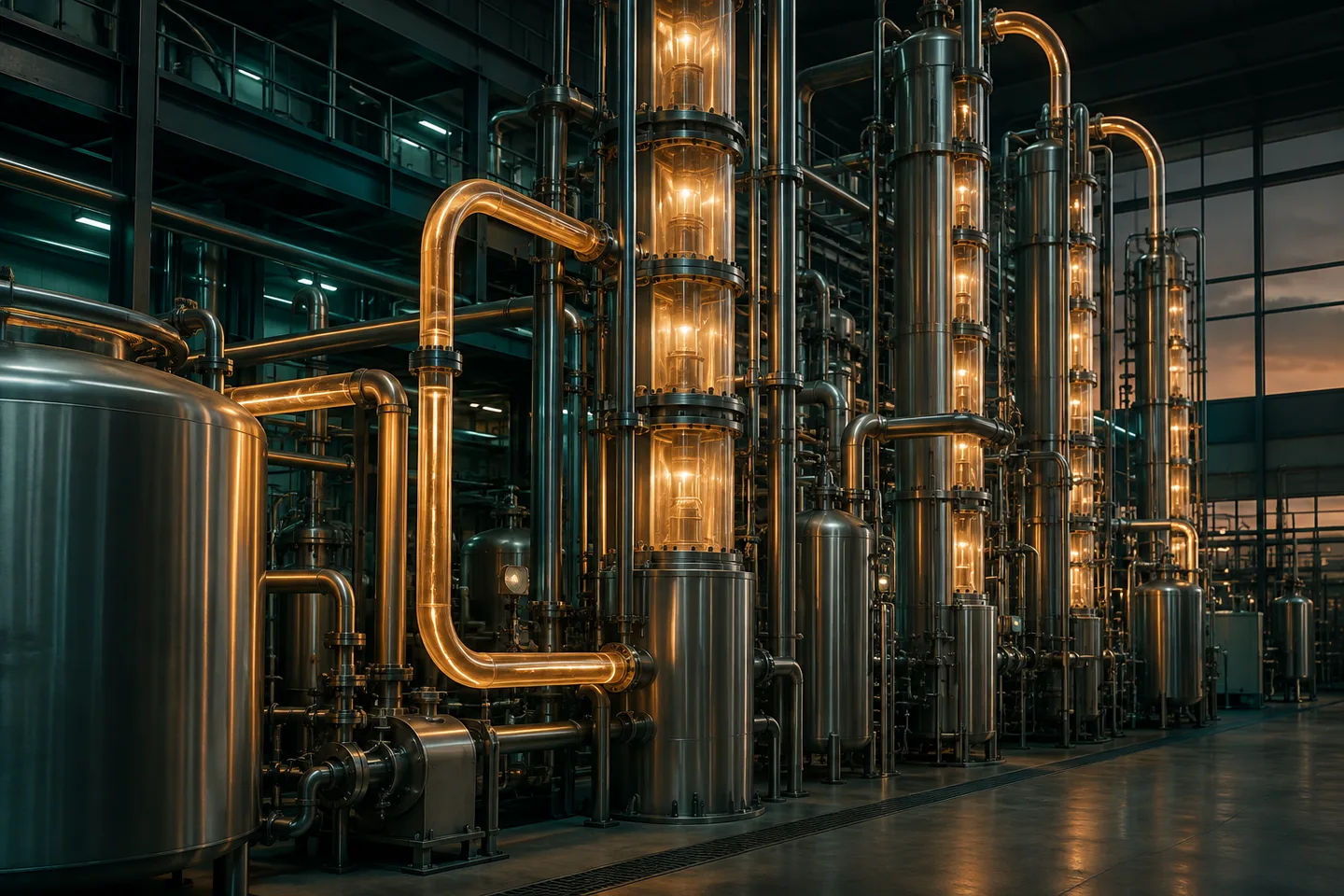 Ilustrație editorială: coloane de distilare într-o instalație industrială imaginară.